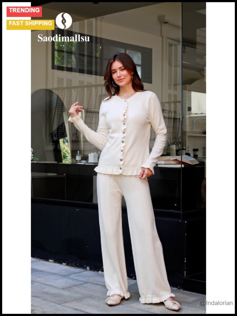 Womens Knit Lounge Set Ruffle Cardigan Wide Leg Pants 2 Piece Outfit - Picture 6 of 6